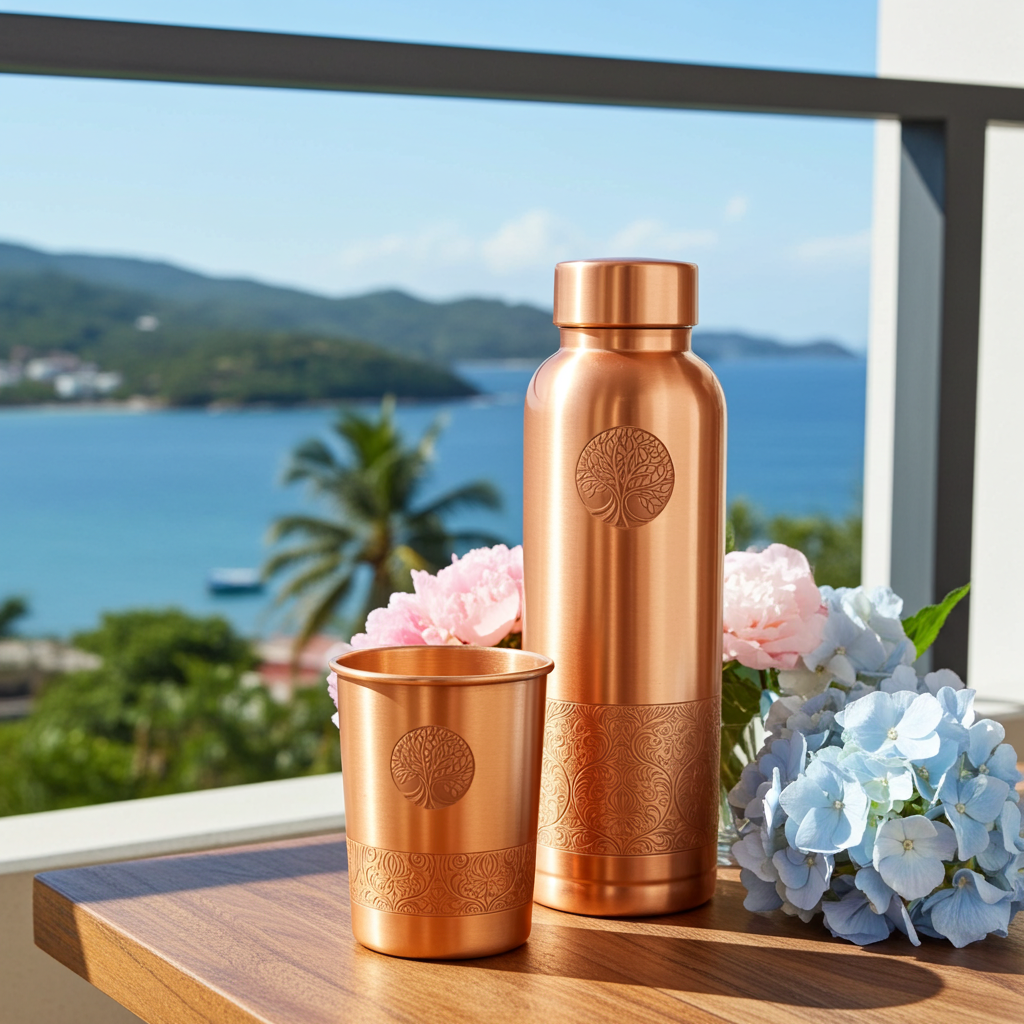 Koperen waterfles cadeauset in luxe geschenkverpakking voor wellness en ayurveda